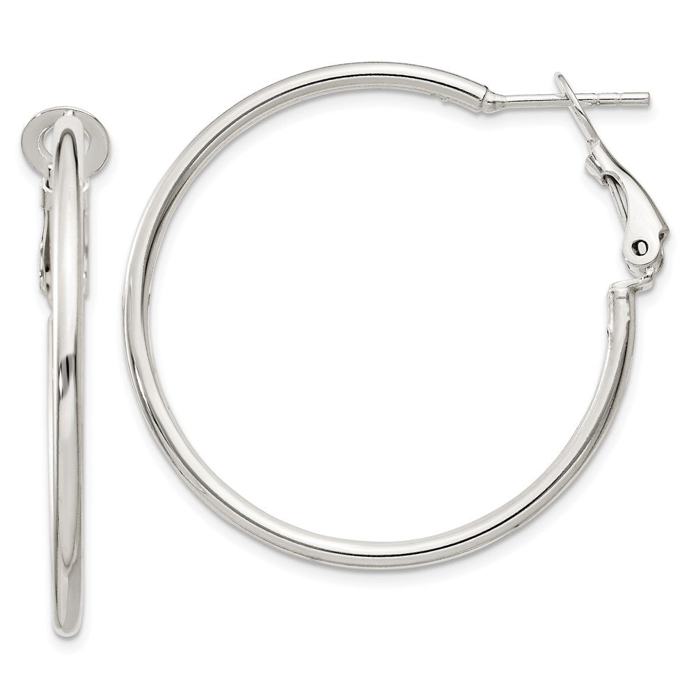 QE6634 Sterling Silver Polished 2x35mm Omega Back Round Hoop Earrings