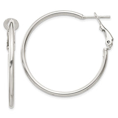 QE6634 Sterling Silver Polished 2x35mm Omega Back Round Hoop Earrings