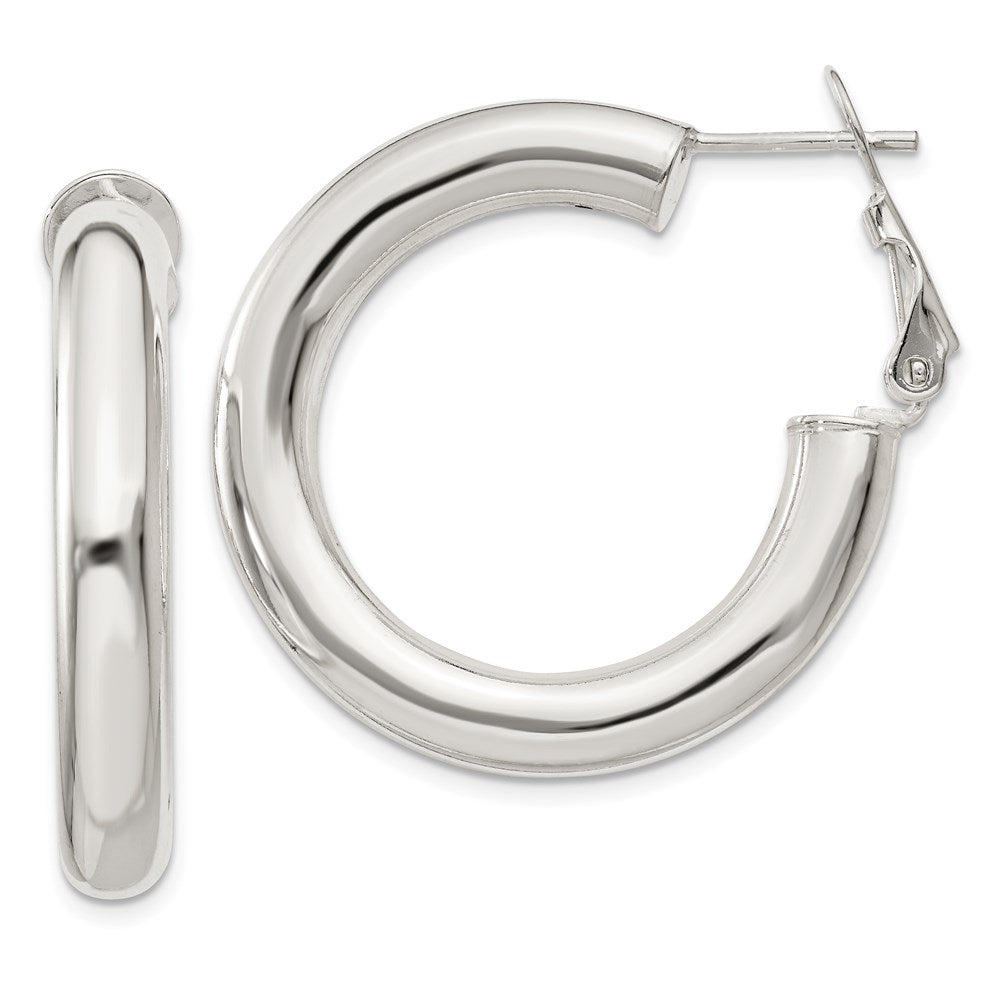 QE6637 Sterling Silver 5x30mm Omega Back Hoop Earrings