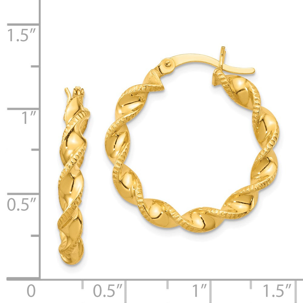 QE6664 Sterling Silver Gold Flash Plated Patterned Twisted 4x25mm Hoop Earrings