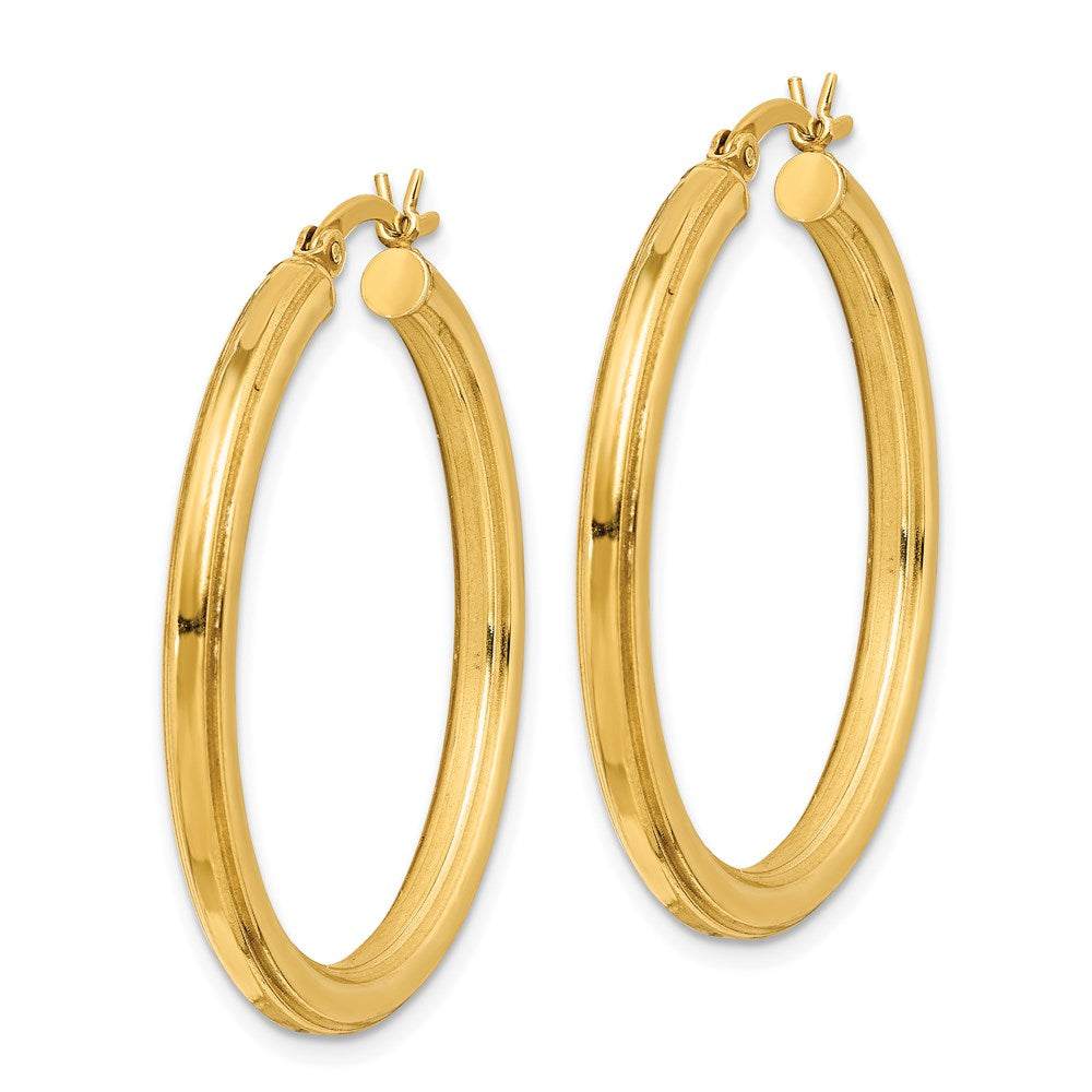 QE6682 Sterling Silver Gold Flash Plated 3x35mm Grooved Hoop Earrings
