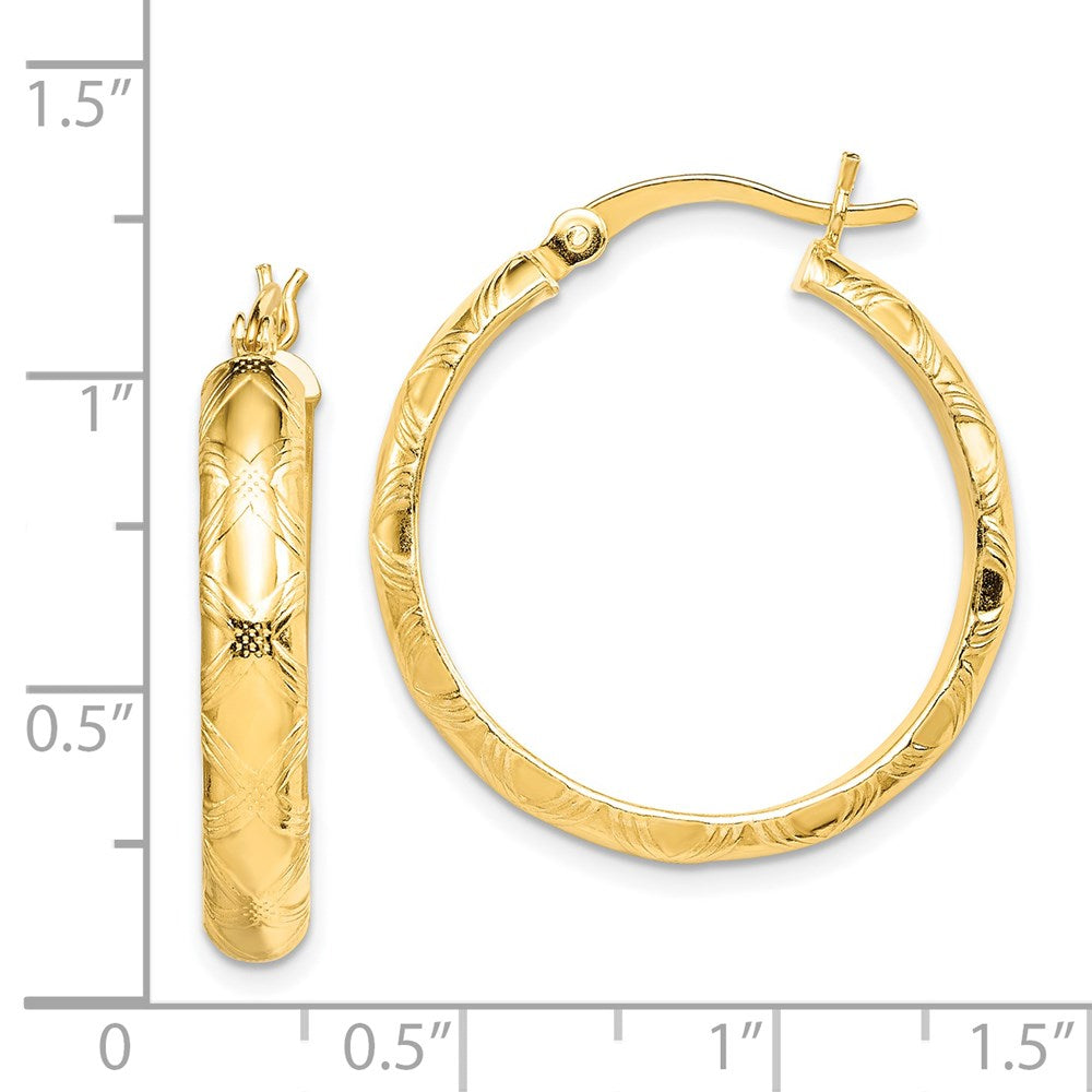 QE6690 Sterling Silver Gold Flash Plated Patterned 4x25mm Hoop Earrings