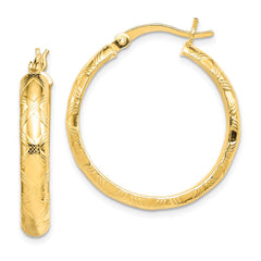 QE6690 Sterling Silver Gold Flash Plated Patterned 4x25mm Hoop Earrings