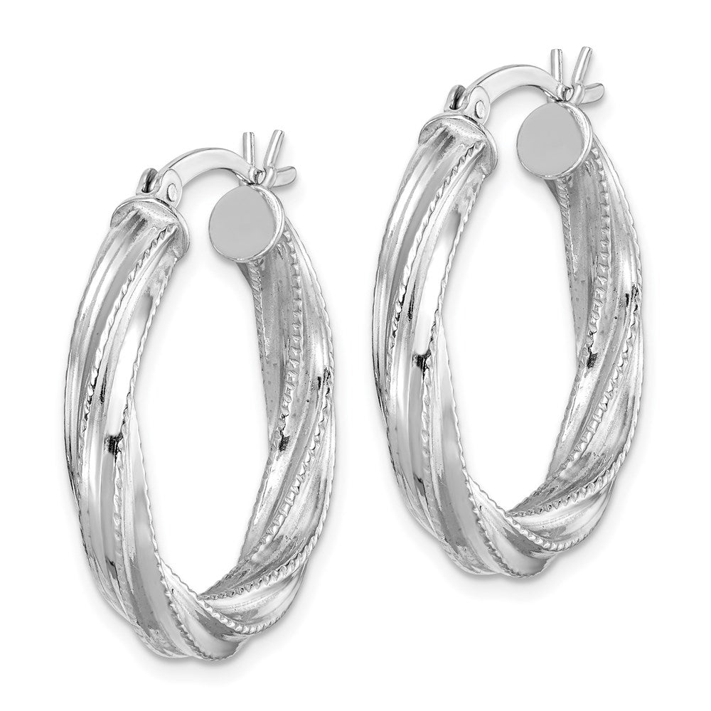 QE6727 Sterling Silver Rhod-plated Patterned Twisted 4x25mm Hoop Earrings