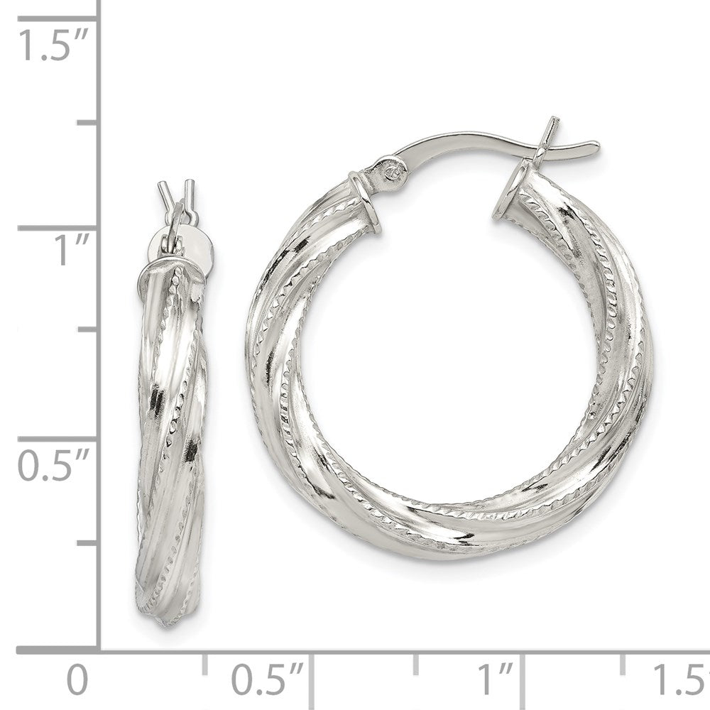 QE6727 Sterling Silver Rhod-plated Patterned Twisted 4x25mm Hoop Earrings