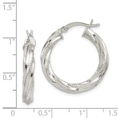QE6727 Sterling Silver Rhod-plated Patterned Twisted 4x25mm Hoop Earrings