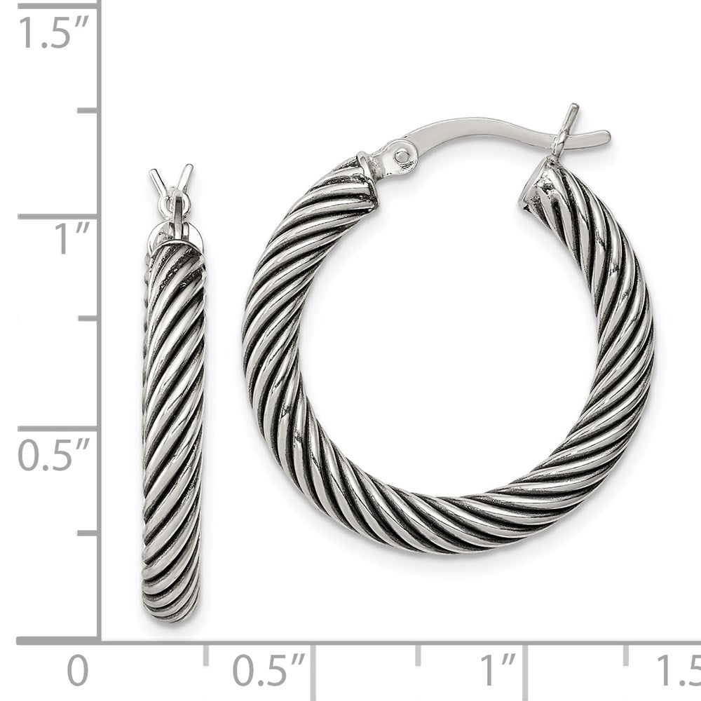 QE6729 Sterling Silver Antiqued 3.25x25mm Twisted Hoop Earrings