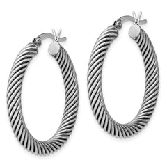 QE6730 Sterling Silver Antiqued 3.25x30mm Twisted Hoop Earrings