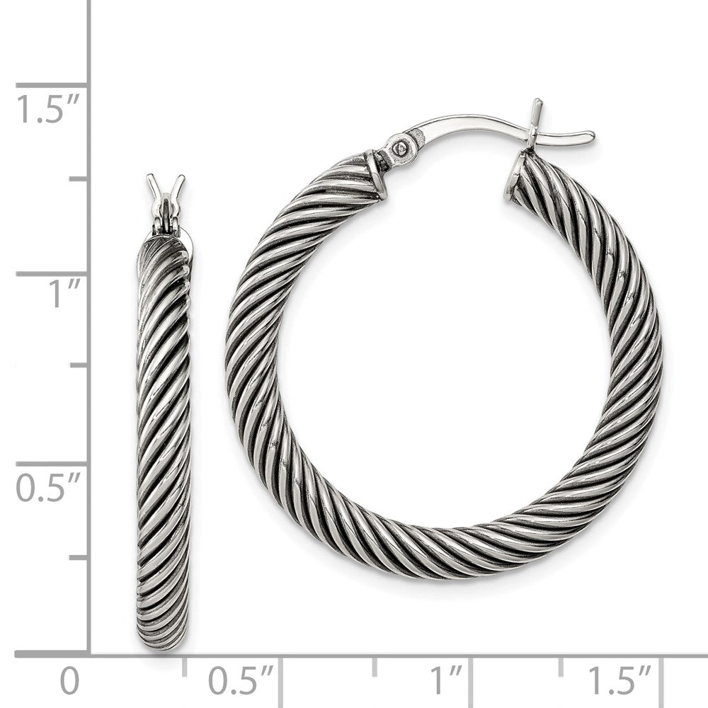 QE6730 Sterling Silver Antiqued 3.25x30mm Twisted Hoop Earrings