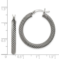 QE6730 Sterling Silver Antiqued 3.25x30mm Twisted Hoop Earrings