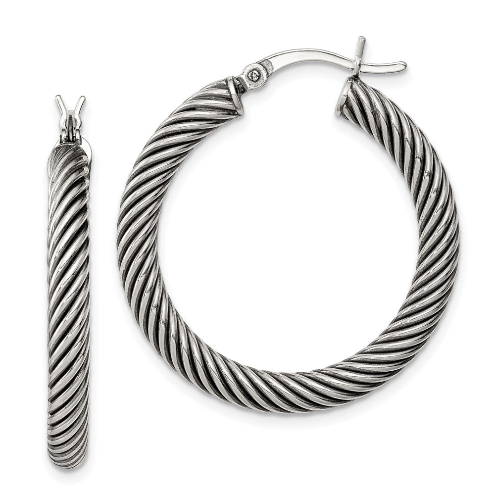 QE6730 Sterling Silver Antiqued 3.25x30mm Twisted Hoop Earrings