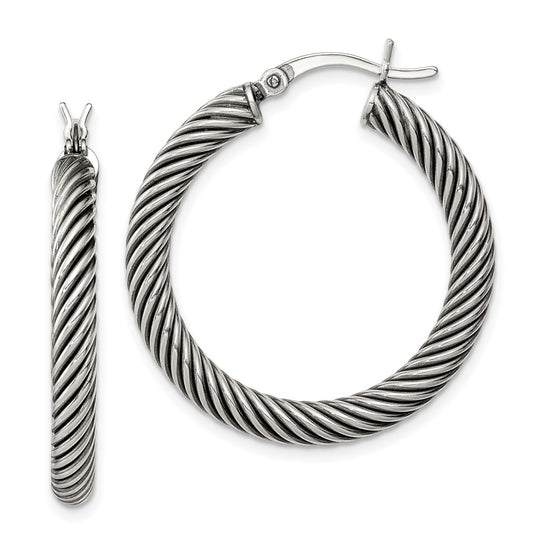 QE6730 Sterling Silver Antiqued 3.25x30mm Twisted Hoop Earrings
