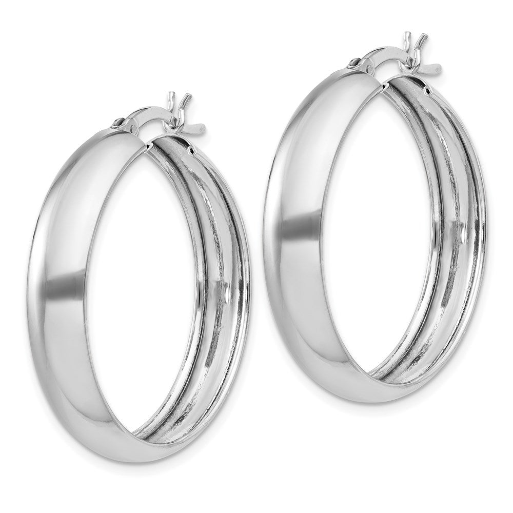 QE6735 Sterling Silver Rhodium-plated 6x30mm Polished Hoop Earrings