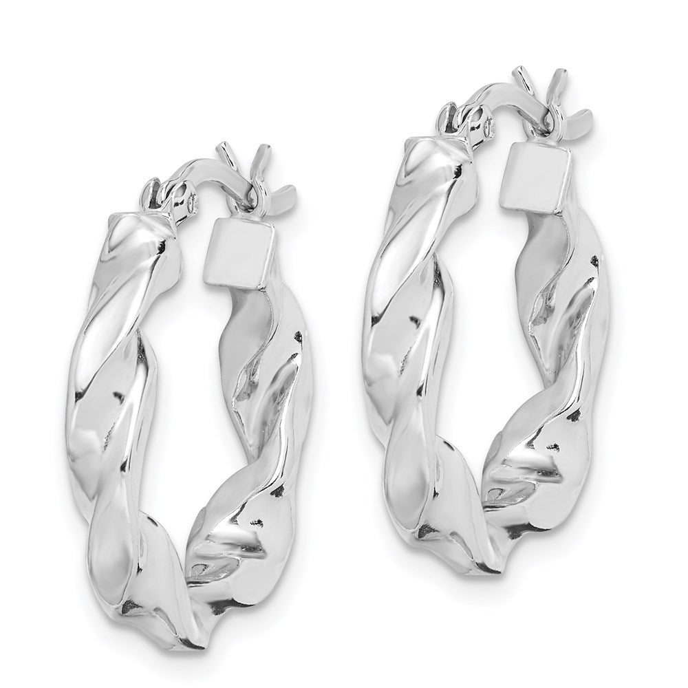 QE6745 Sterling Silver Rhodium Plated Twisted 3.5x20mm Hoop Earrings