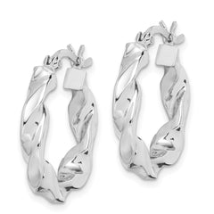 QE6745 Sterling Silver Rhodium Plated Twisted 3.5x20mm Hoop Earrings