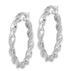 QE6753 Sterling Silver Rhodium Plated Twisted 3.5x30mm Hoop Earrings