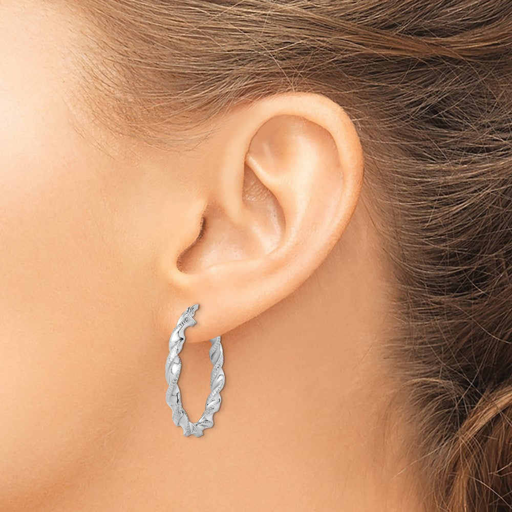 QE6753 Sterling Silver Rhodium Plated Twisted 3.5x30mm Hoop Earrings