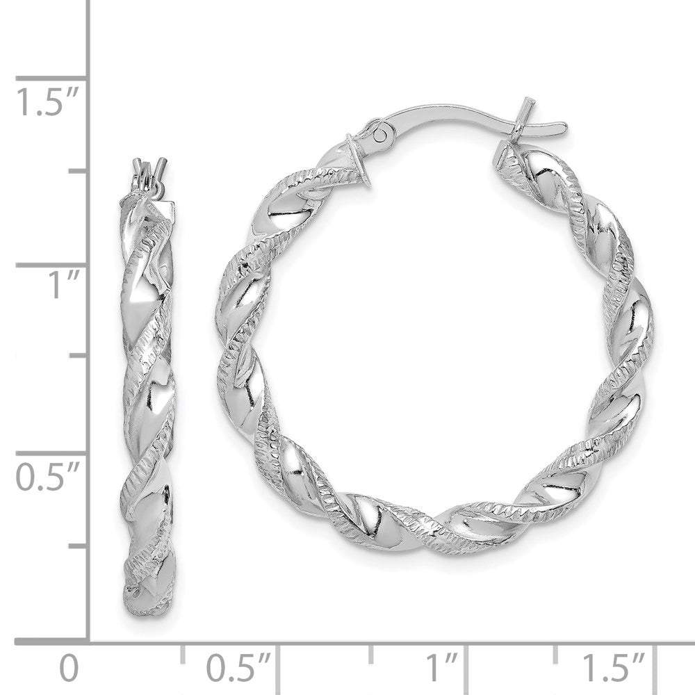 QE6753 Sterling Silver Rhodium Plated Twisted 3.5x30mm Hoop Earrings