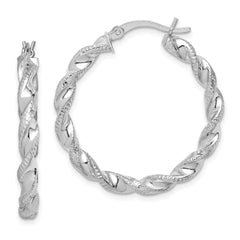 QE6753 Sterling Silver Rhodium Plated Twisted 3.5x30mm Hoop Earrings