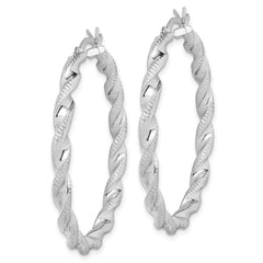QE6754 Sterling Silver Rhodium Plated Twisted 3.5x40mm Hoop Earrings