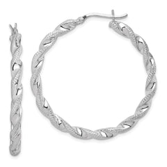 QE6754 Sterling Silver Rhodium Plated Twisted 3.5x40mm Hoop Earrings