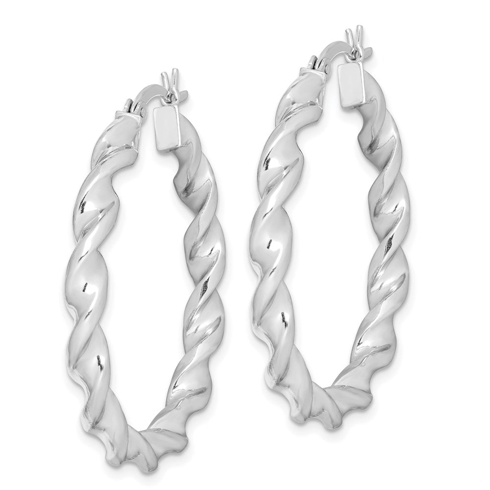 QE6758 Sterling Silver Rhodium Plated Twisted 3.5x35mm Hoop Earrings