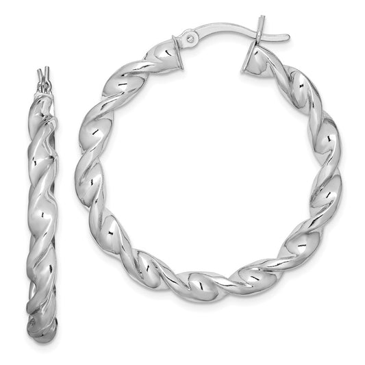 QE6758 Sterling Silver Rhodium Plated Twisted 3.5x35mm Hoop Earrings