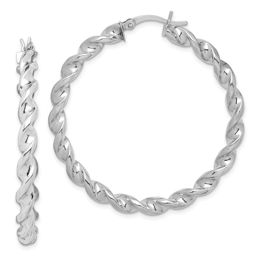 QE6759 Sterling Silver Rhodium Plated Twisted 3.5x45mm Hoop Earrings