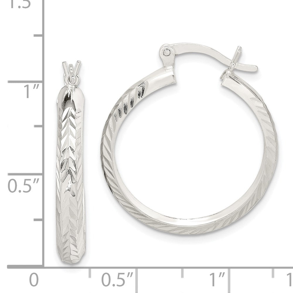 QE6812 Sterling Silver Polished & Diamond-cut 4mm Round Hoop Earrings
