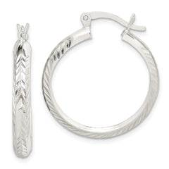 QE6812 Sterling Silver Polished & Diamond-cut 4mm Round Hoop Earrings