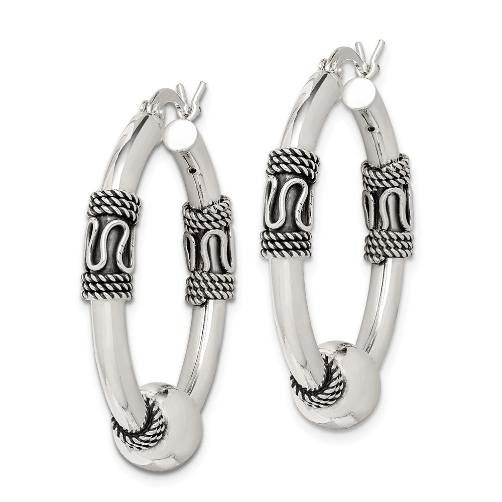 QE6861 Sterling Silver Antiqued Hoop Earrings