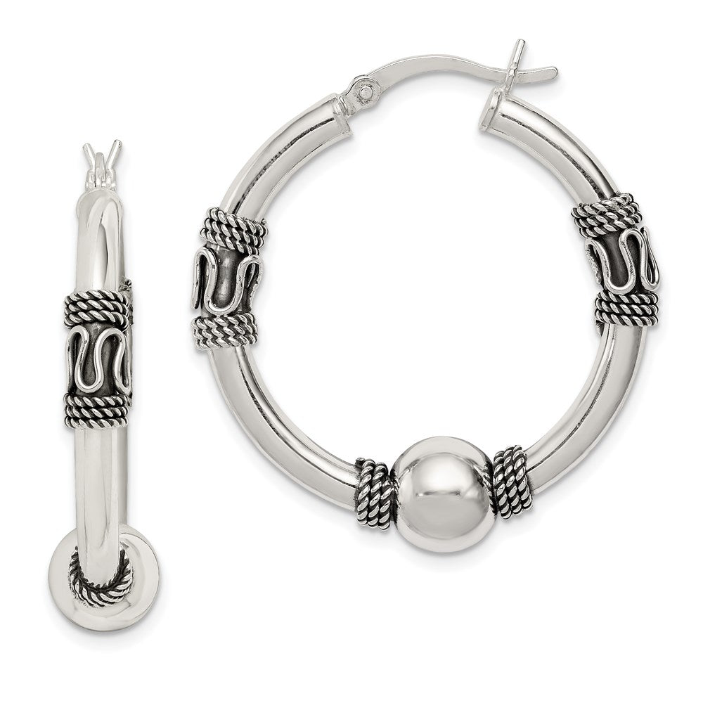 QE6861 Sterling Silver Antiqued Hoop Earrings