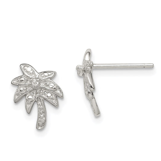 QE6876 Sterling Silver Rhodium-plated CZ Palm Tree Post Earrings