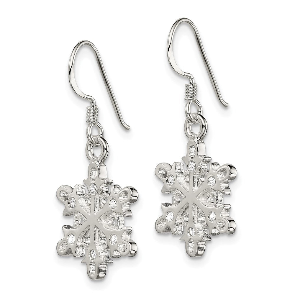 QE6911 Sterling Silver Polished / Satin CZ Snowflake Dangle Earrings