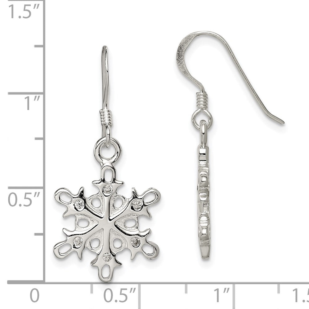 QE6911 Sterling Silver Polished / Satin CZ Snowflake Dangle Earrings