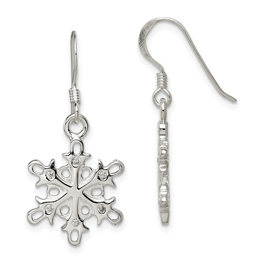 QE6911 Sterling Silver Polished / Satin CZ Snowflake Dangle Earrings