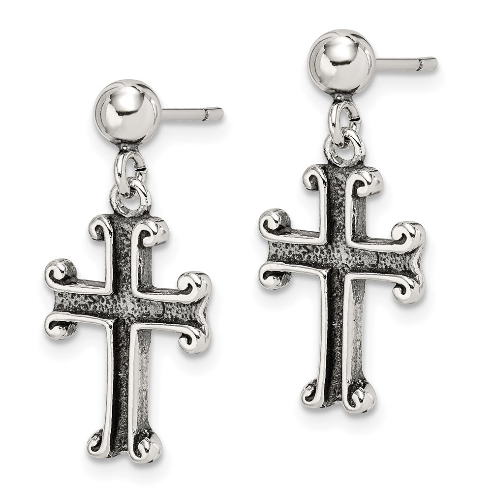 QE6922 Sterling Silver Polished & Antiqued Cross Post Dangle Earrings