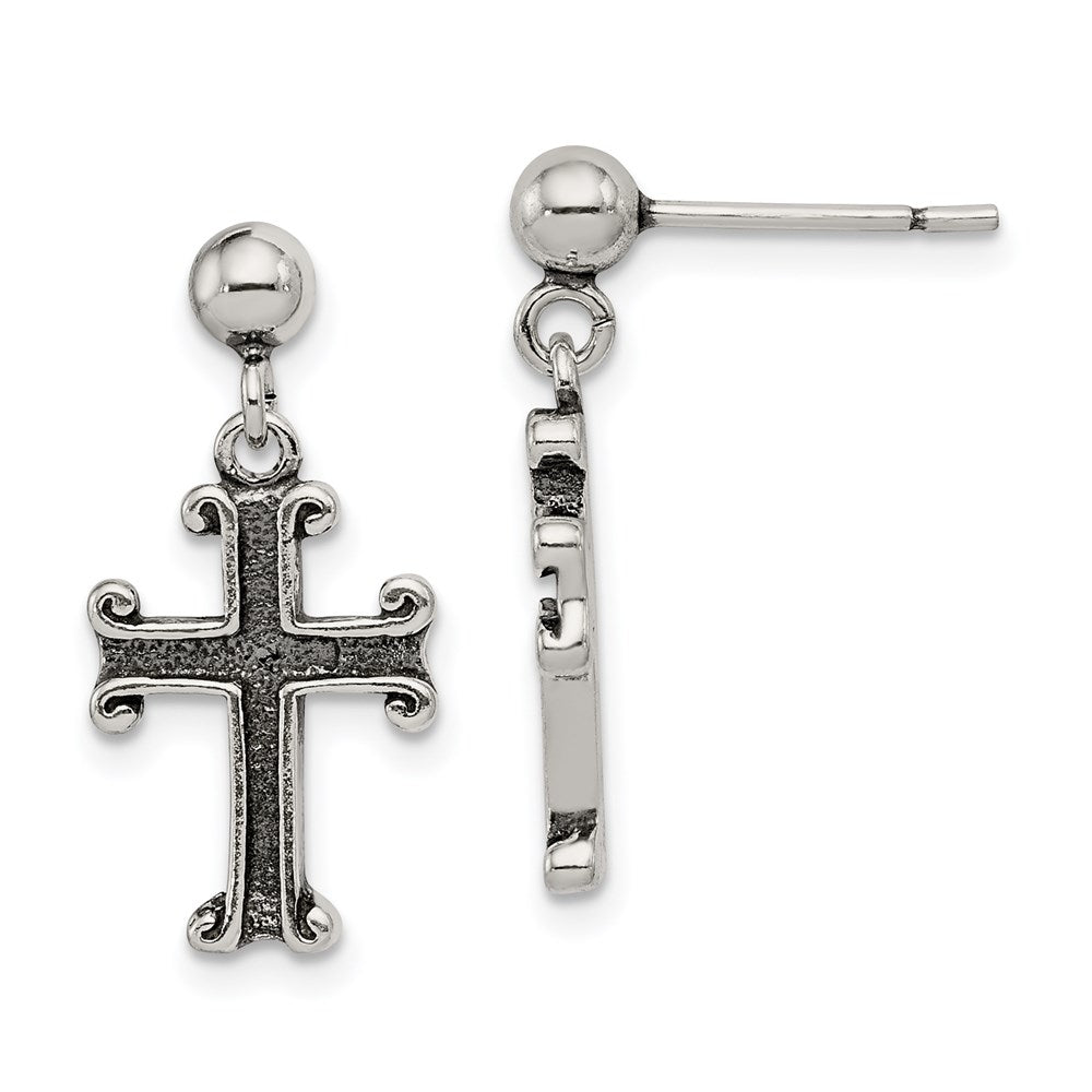 QE6922 Sterling Silver Polished & Antiqued Cross Post Dangle Earrings