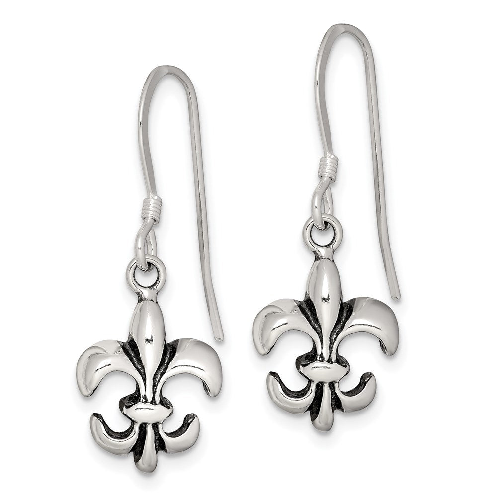 QE6927 Sterling Silver Polished & Antiqued Fleur de Lis Dangle Earrings