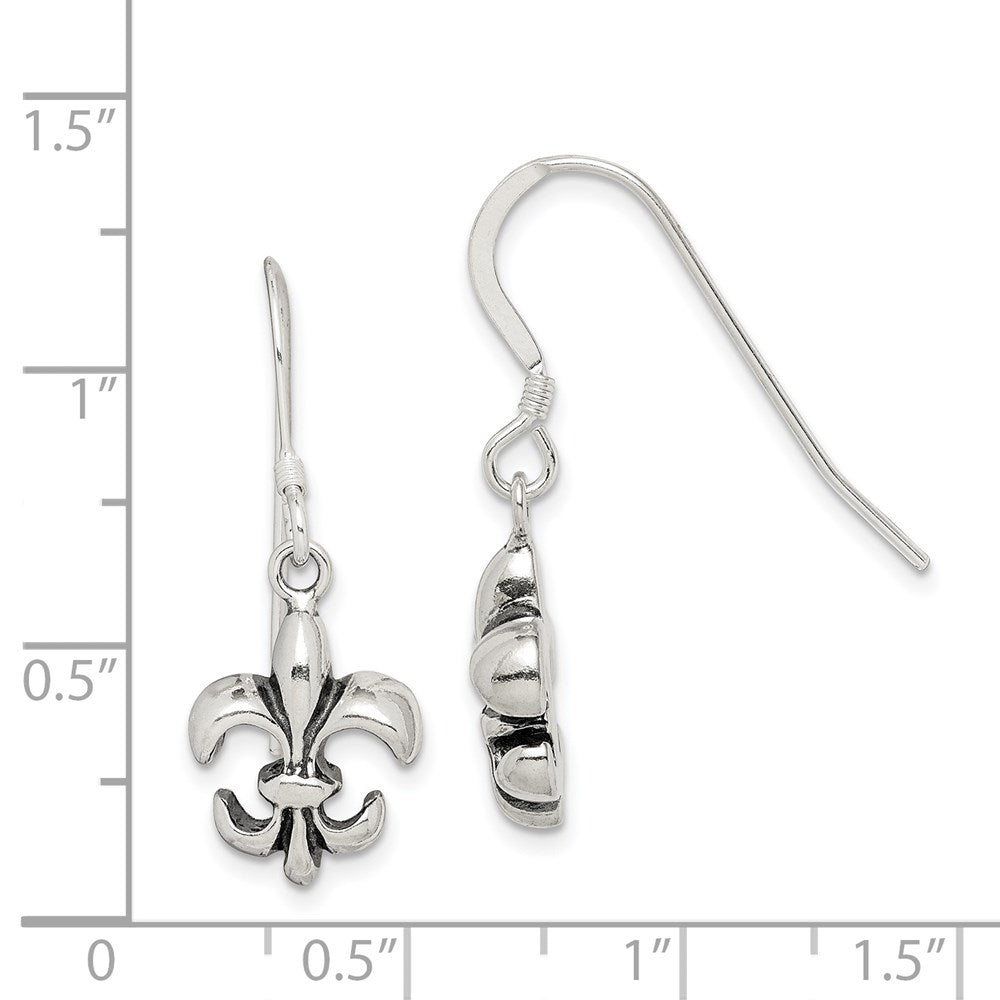 QE6927 Sterling Silver Polished & Antiqued Fleur de Lis Dangle Earrings