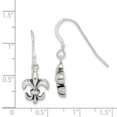 QE6927 Sterling Silver Polished & Antiqued Fleur de Lis Dangle Earrings