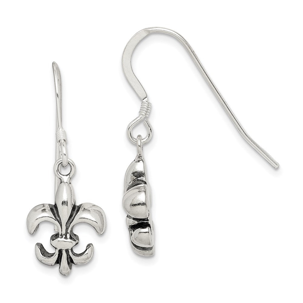 QE6927 Sterling Silver Polished & Antiqued Fleur de Lis Dangle Earrings
