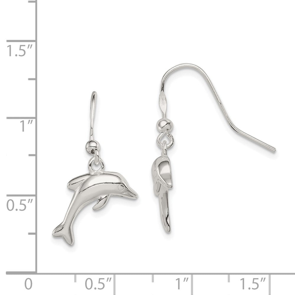 QE6956 Sterling Silver Polished Dolphin Dangle Earrings