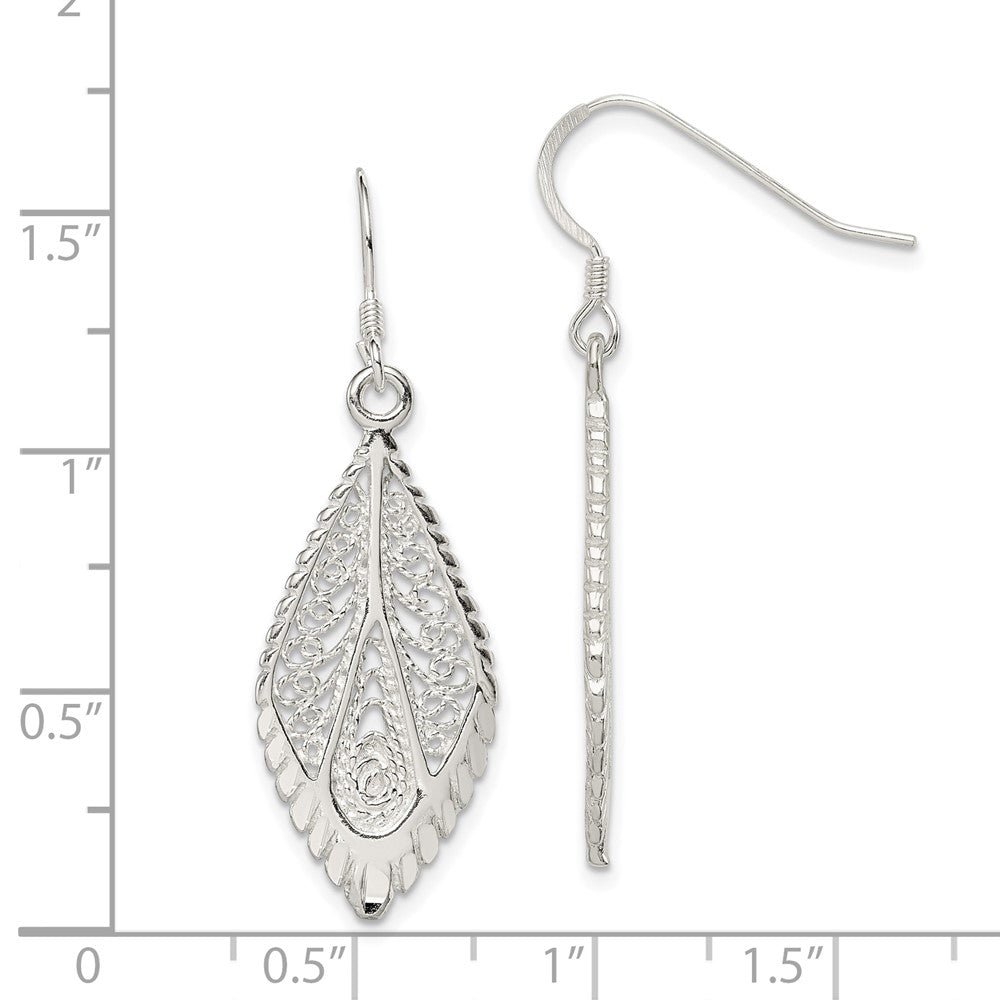 QE7 Sterling Silver Polished & D/C Fancy Filigree Teardrop Dangle Earrings