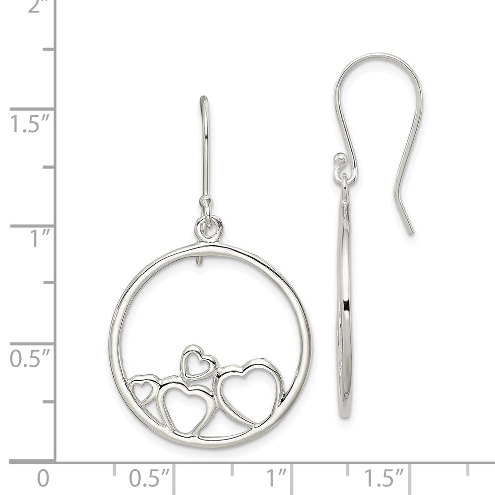 QE7079 Sterling Silver Rhodium-plated Polished Open Hearts Circle Dangle Earrings