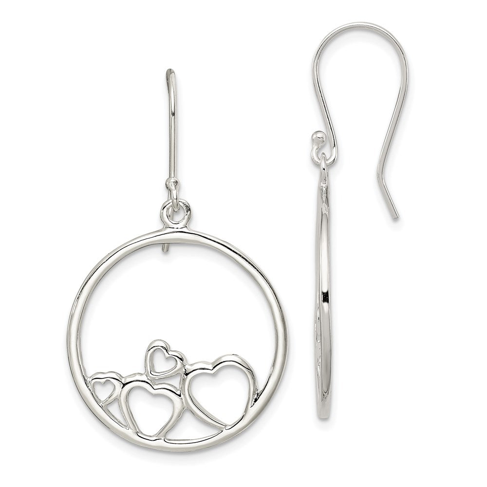 QE7079 Sterling Silver Rhodium-plated Polished Open Hearts Circle Dangle Earrings