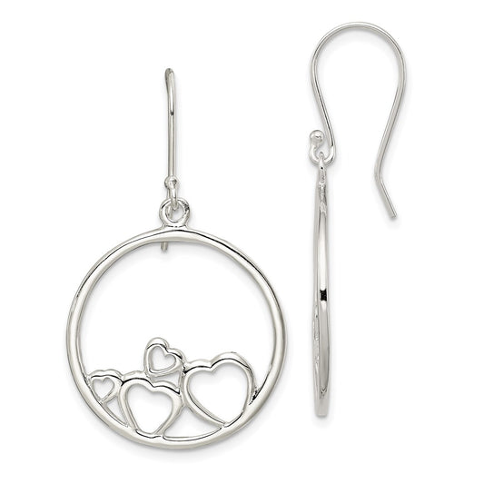 QE7079 Sterling Silver Rhodium-plated Polished Open Hearts Circle Dangle Earrings