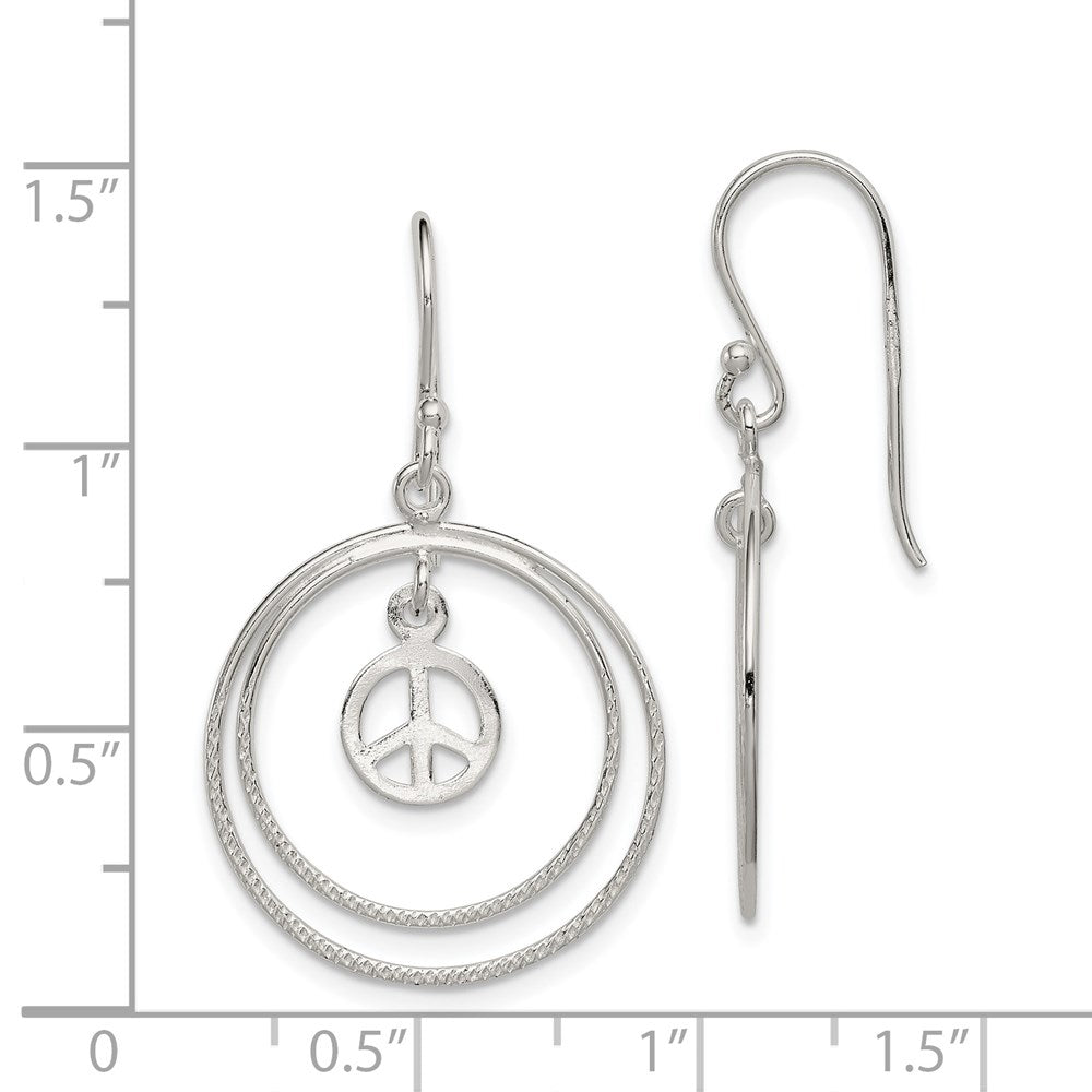 QE7132 Sterling Silver Rhodium-plated Circles w/Peace Symbol Dangle Earrings