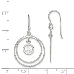 QE7132 Sterling Silver Rhodium-plated Circles w/Peace Symbol Dangle Earrings