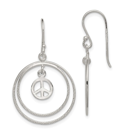 QE7132 Sterling Silver Rhodium-plated Circles w/Peace Symbol Dangle Earrings